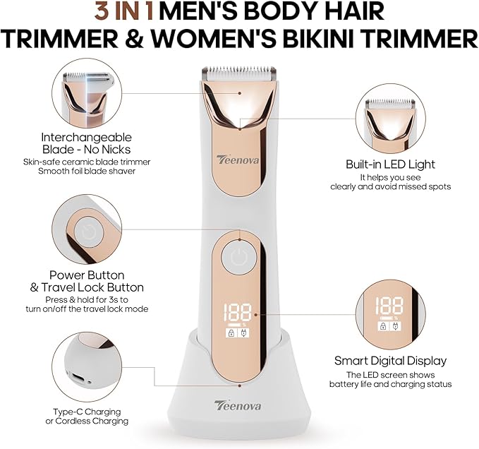 Electric Body Hair Trimmer Shaver - 3 in 1 Pubic Trimmer for Men - Bikini Trimmer for Women - No Nick Groin Ball Razor with Ceramic Blade Heads, Wireless Dock Charging, Wet/Dry Use (White)