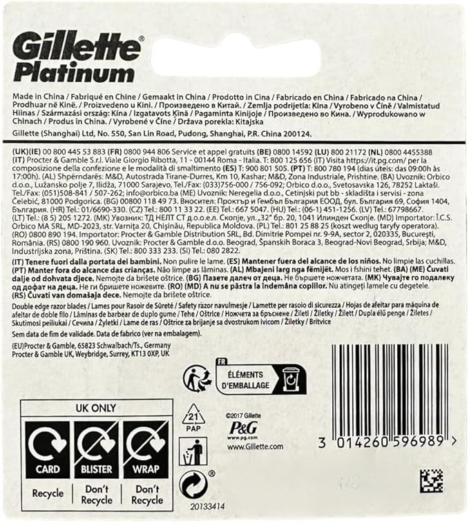 Gillette Double Edge Platinum Safety Razor Blades for Men, Pack of 50 Stainless Steel Refill Blades