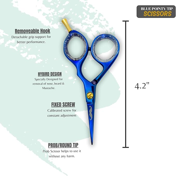 Rounded-Tip Trimming Scissors for Men – Stainless Steel High Carbon Beard, Mustache, and Ear Hair Grooming Scissor (Blue (Pointy-Tip))