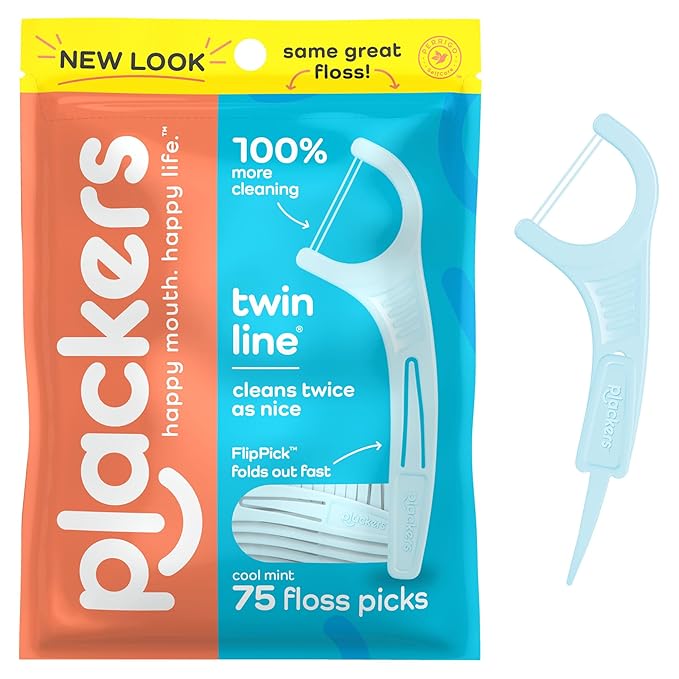 Plackers Twin Line Dental Floss Picks, Dual-Line Tuffloss, Easy Storage, Cool Mint Flavor, 75 Count