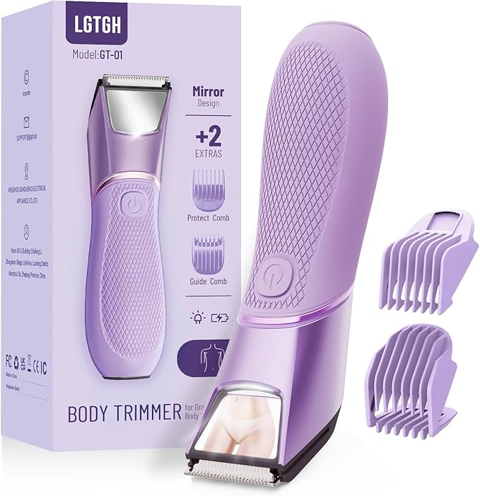 Rechargeable Bikini Trimmer for Women: Pubic Hair Razor with Mirror & LED Light - IPX7 Waterproof Electric Shaver, Travel Lock & Ceramic Blades for Legs Underarm - Shocking Purple