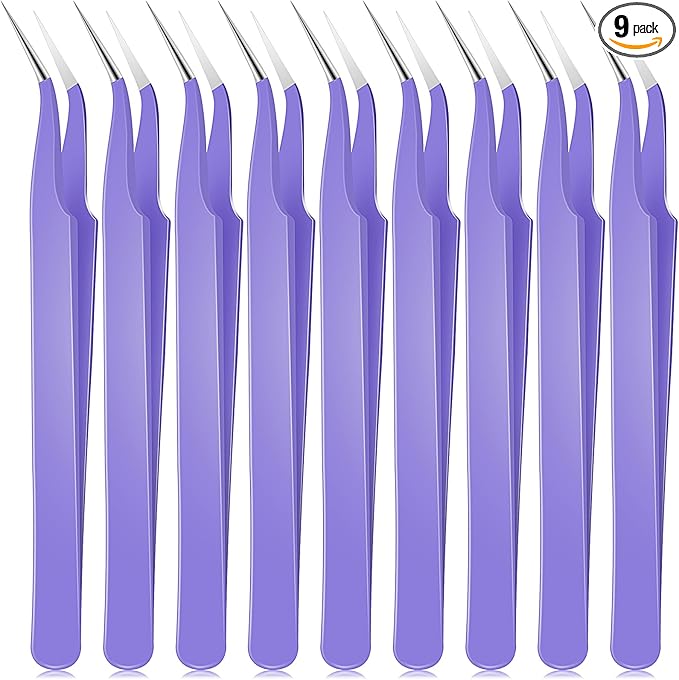Honoson 9 Pieces Curved Pointed Craft Tweezers Stainless Steel Precision Tweezer with Protective Cover for Rhinestones Dried Flowers Craft Stickers Eyelash Extension Jewelry Making(Purple)