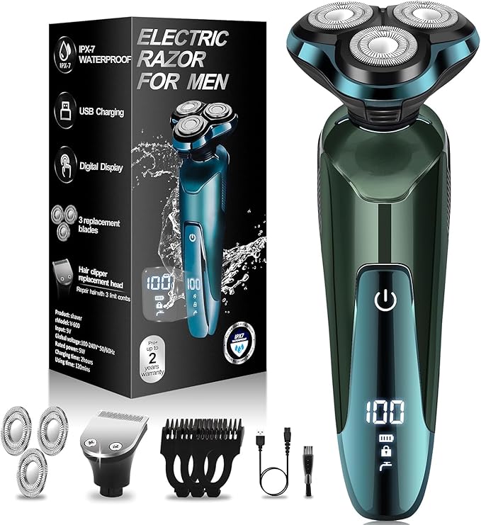 Electric Razor for Men, 3-in-1 Shaver with Floating Blades for Nose Hair &Sideburns,Replacement Blades, Pop-up Trimmer, IPX7 Waterproof, Travel Lock, Wet & Dry Use, Face Shaving Grooming Travel Kit