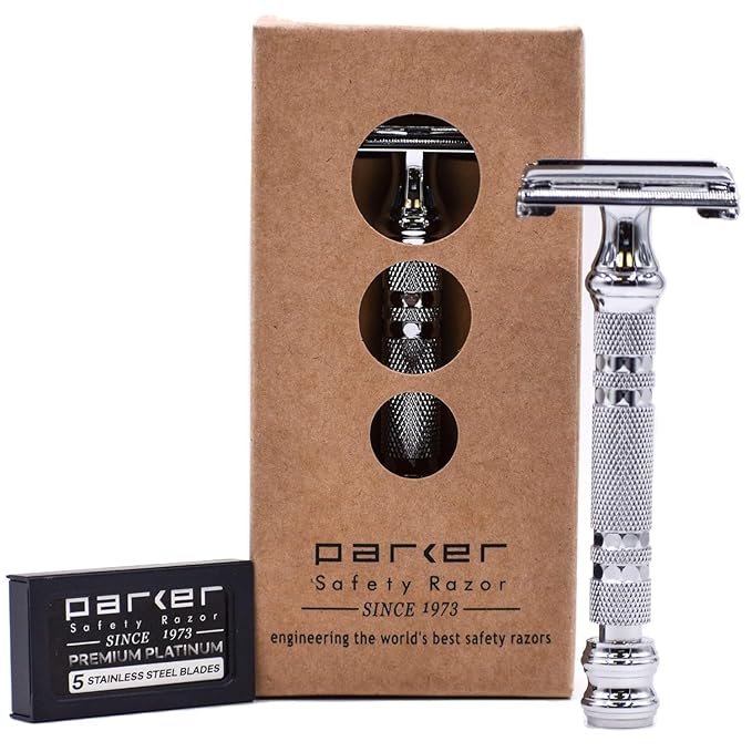 Parker 66R Long Handle Butterfly Safety Razor – Twist-to-Open Brass Frame with Textured Chrome Finish for Close, Comfortable Shaves - 5 Blades Included
