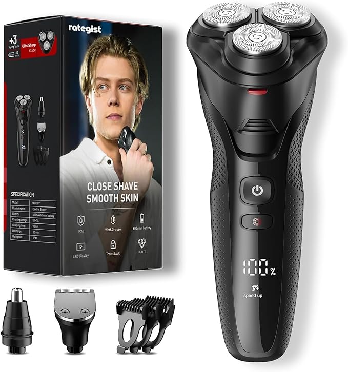 rategist 3-in-1 Electric Razor for Men: One Touch Acceleration, IPX7 Waterproof Razors for Men, USB-C Rechargeable Electric Shavers for Men - 4D Floating Blades, Wet or Dry