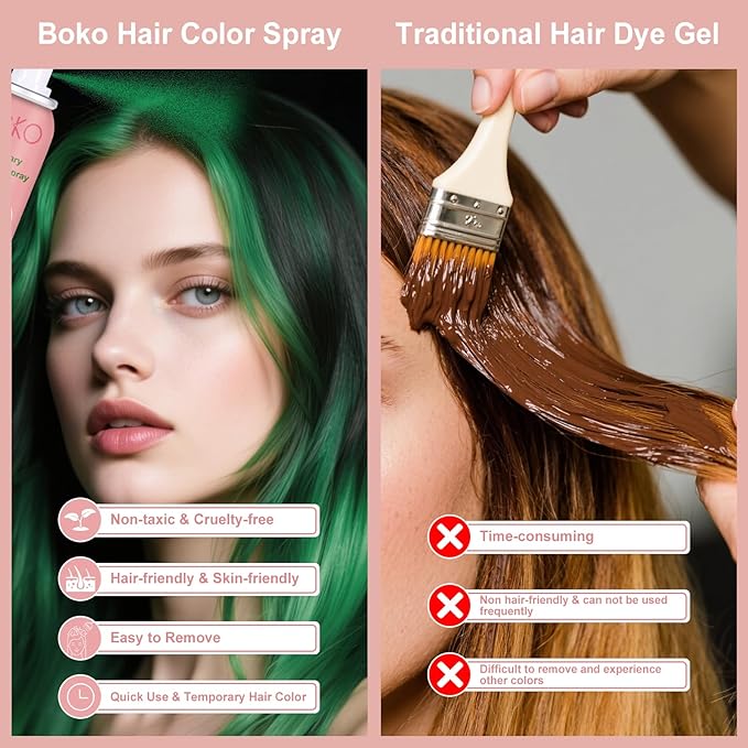 Boko Temporary Hair Color Spray, 150 ML Green Hair Dye for Kids Women Men One-Day Use, Washable Non-Damaging Color Hairspray For Halloween Crazy Hair Day Cosplay Party DIY