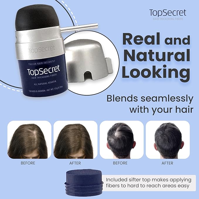 Top Secret Hair Thickening Building Fibers Applicator Included - Undetectable & Natural Hair Filler - for Men & Women - Instantly Fill In Thinning Hair - Weather & Sweat Resistant (Black, Regular)