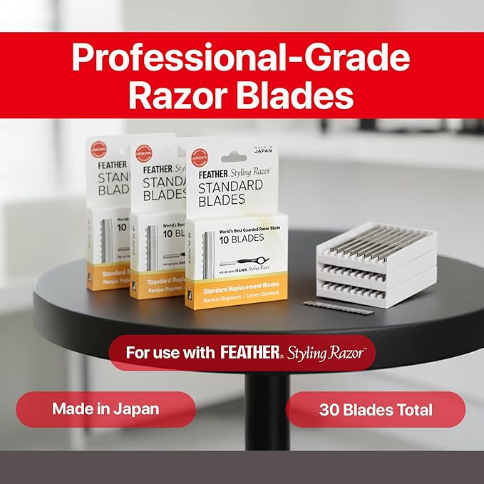 Feather Styling Razor Standard Blades - Professional Hair Cutting Blades for Styling, Shaping, Feathering & Thinning - Stainless Steel Single Edge Guarded Blade - Made in Japan - Refill Pack - 30 Ct