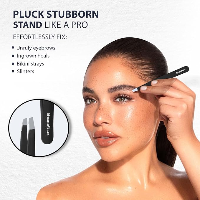 Premium Slant Tip Eyebrow Tweezer (Black), Stainless Steel Precision Tweezers for Men & Women, Facial Hair Removal with Leather Case