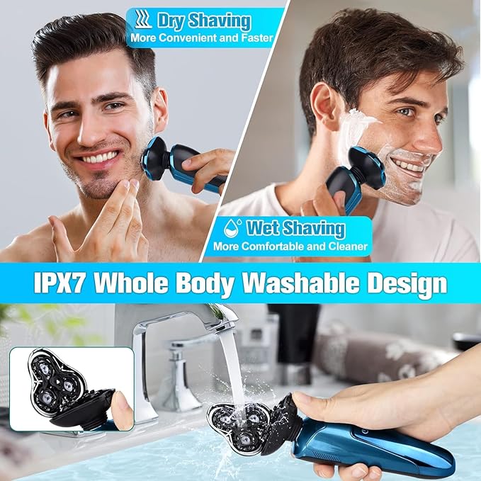 Mens Electric Shaver, 4D Floating Head High-Speed Motor IPX7 Waterproof, Fast Charging Cordless Electric Razor with Pop-Up Trimmer & Replaceable Blades
