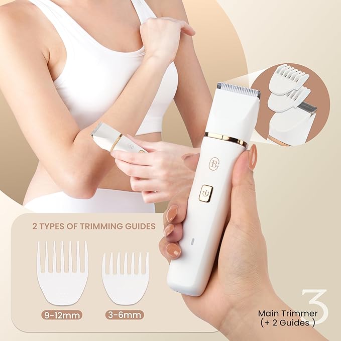 Bella Ciao 10-Piece Electric Trimmer Set for Women, Body and Bikini Hair Trimmer with Ceramic Blade, Ear and Nose Hair Remover, Detail Heads, Comb Guides, Charging Dock and USB Cable