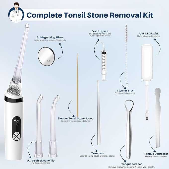 Voraiya Tonsil Stone Remover, Electronic Vacuum Tonsil Stone Removal Kit, 8 Suction Mode, Built-in LED Light, Fight Bad Breath, Oral Irrigator, Tonsil Cleaner, Tongue Scraper (White)