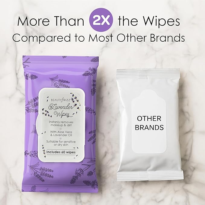 BeautyFrizz Lavender Face Wipes - 240 pcs - Gentle Makeup Remover Wipes for Women - Facial Cleansing Wipe with Aloe, Castor, Vitamin A and E - Extra Soft - Moisturizing