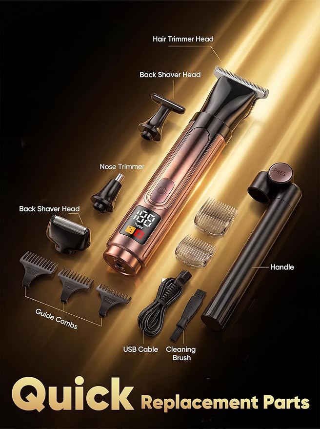 Back Shaver for Men with LED Display, 4-in-1 Rechargeable Body & Back Trimmer, Extendable Long Handle, Safety Lock, IPX7 Waterproof, Adjustable Speed, Wet/Dry Use, Travel Case Included