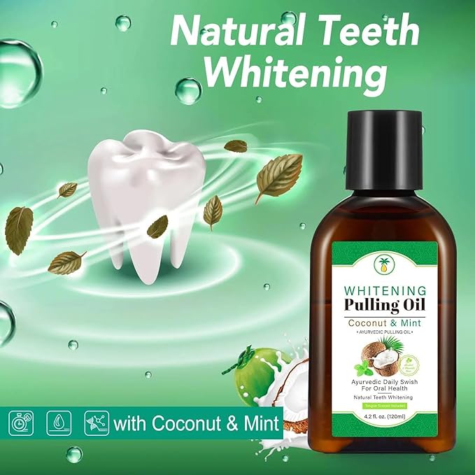 Coconut Mint Oil Pulling, 2 Pack Whitening Oil Pulling Mouthwash for Teeth and Gums with Tongue Scraper &Measuring Cup, 100% Natural& Alcohol Free Help Fresh Breath