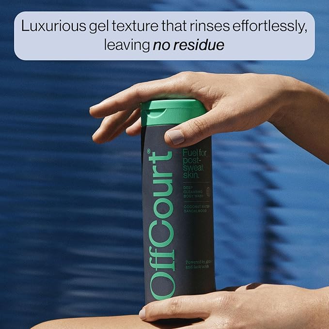 OffCourt Sulfate-Free Body Wash for Men & Women - Non-Drying Exfoliator with Glycolic & Lactic Acids Leaves Skin Fresh & Smooth with Coconut Water and Sandalwood Scent, 14 Fl. Oz (Pack of 1)