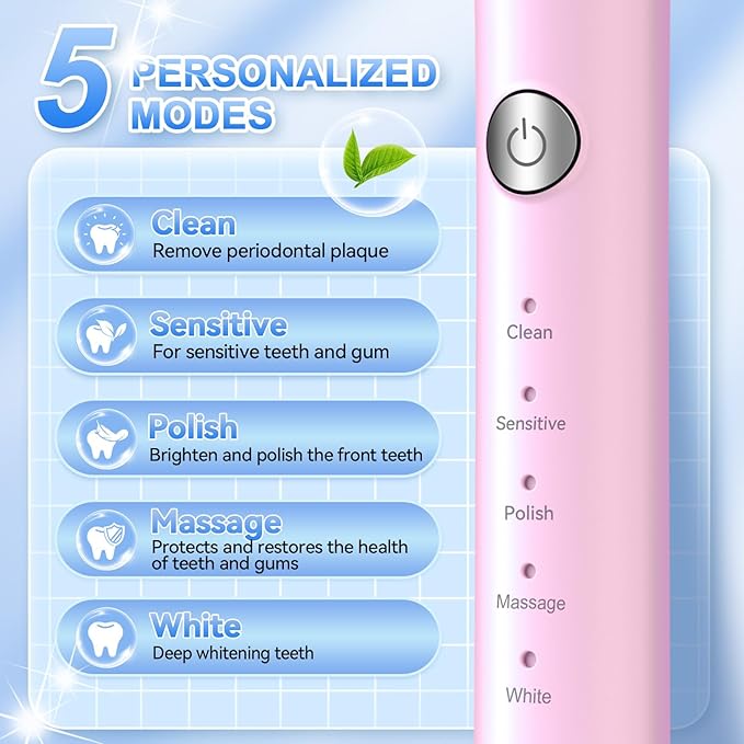 JTF Sonic Electric Toothbrush for Adults & Kids: 5 Modes for Sensitive Teeth, Effective Yet Gentle Cleaning - with 8 Brush Heads & Smart Timer, Rechargeable Portable for Daily Care, Home & Travel Use