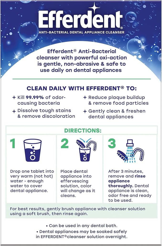 Efferdent Denture Cleaner Tablets – Dental Appliances, Aligners, Mouth Guard, and Retainer Cleaner Tablets, Minty Fresh & Clean, 90 Count (Pack of 6)
