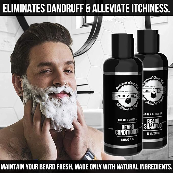 Beard Straightener Grooming Kit for Men, Beard Growth Kit, Wash, Brush & Comb, Unscented Growth Oil, All Natural Sandalwood Balm, Conditioner, Razor & Scissors, Great Gift Idea for Men's (Black)