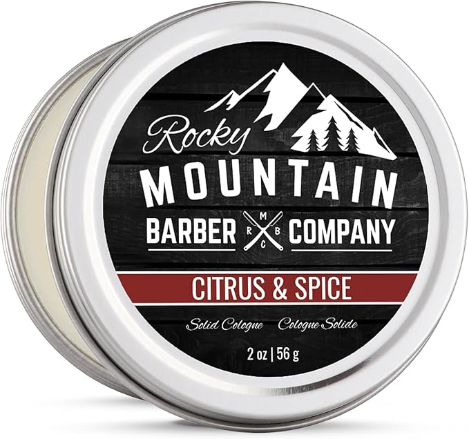 Rocky Mountain Barber Company Solid Cologne for Men – Citrus & Spice Scent – 2 Oz Size - Made with Coconut Oil, Shea Butter - Long-Lasting Scent