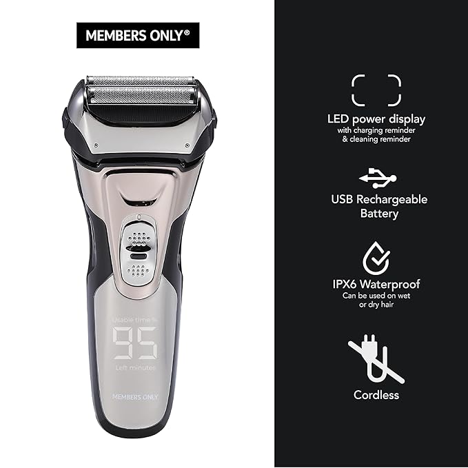 Members Only Foil Shaver, Lithium Metallic Cordless 2 Blade Electric Shaver, Precision Contouring, Pop-up Trimmer, LED Display, Waterproof Design (IPX6), USB Rechargeable