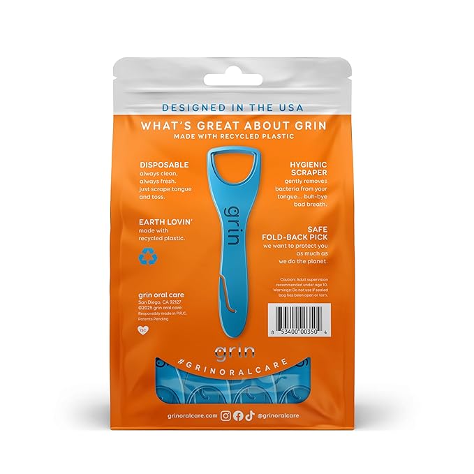 GRIN Tongue Cleaner, 48 Count, Disposable Tongue Cleaner, Hygienic Scraper, Recycled Plastic, Clean Tongue, Promote Fresh Breath, Includes Safe Fold- Back Tooth Pick (Pack of 2)