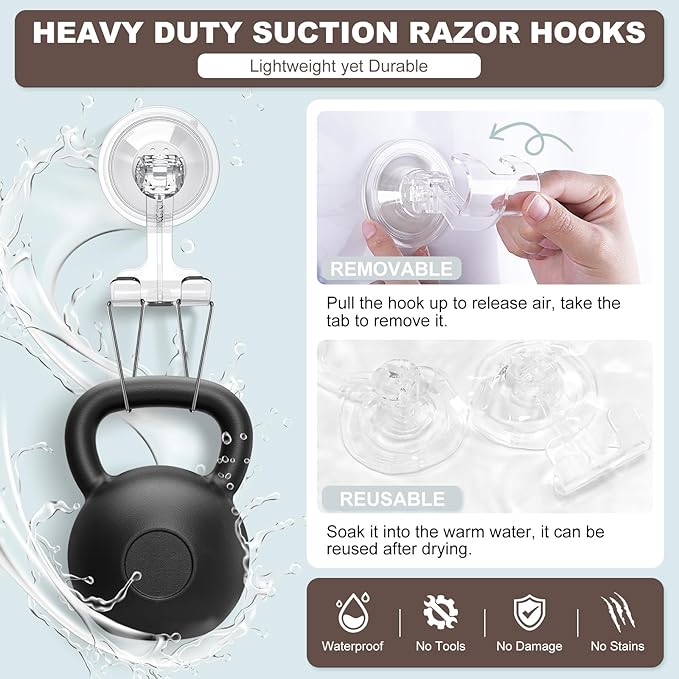VIS'V Suction Cup Razor Holder, Shower Suction Razor Hooks for His and Hers, Removable and Reusable, Clear, 4 Pcs