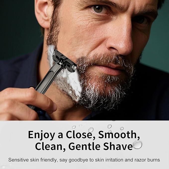 Dual-Blade Safety Razor with Pivoting Head, Reusable Metal Razors for Men, with 10 Double Edge Blades, Smooth Close Clean Shave, Matte Black