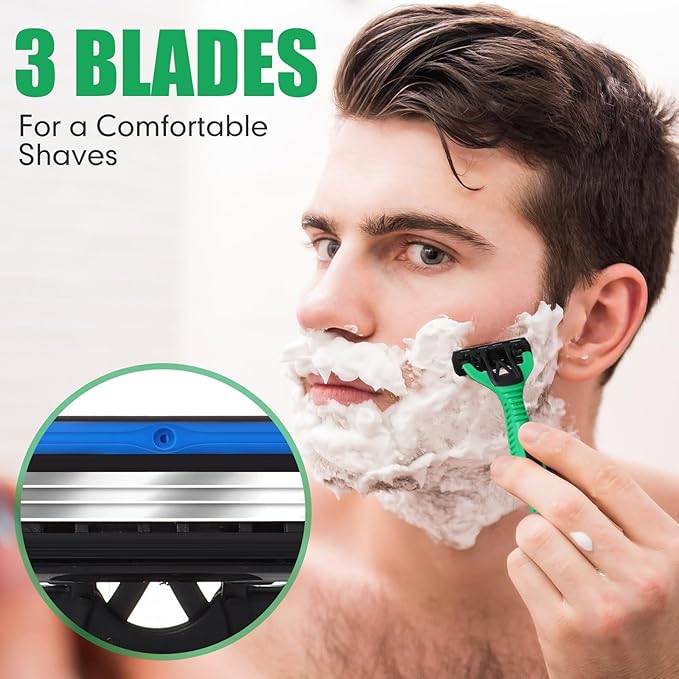 60 Pcs Men's Disposable Razors Set 3 Blade Bulk Sensitive Head Shaving Razors for Men Travel Hotel Spa Christmas Party Gift