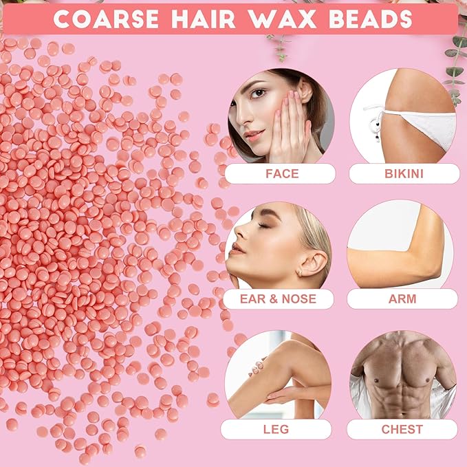 Hard Wax Beads, 1.5 lb Scented Brazilian Waxing Bead for Sensitive Skin, Stripless Coarse Hair Removal Waxing Bead for Bikini Line, Body, Face, Arms, Legs, Back, Chest, 10 Wooden Sticks
