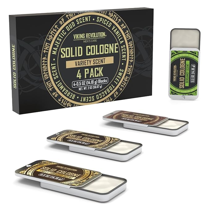 Viking Revolution 4 Pack Mens Colognes - 0.5 Oz Solid Perfume with Spiced Vanilla, Sweet Tobacco, Majestic Oud, Bergamot - Travel Wax Balm Cologne