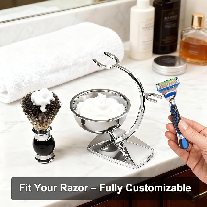 GRUTTI Shaving Bowl, Stand and Brush Set - 3-Piece Magnetic Base Bowl, Chrome Alloy Stand & Synthetic Brush | Razor Not Included