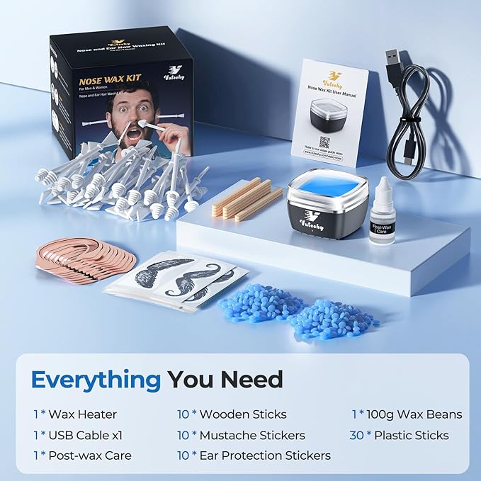 Nose Wax Kit Men, Nose Ear Hair Removal Kit for Men Women, 40 Sticks, 100g Wax, USB Fast Heat, Smart Constant Temp, Painless Hair Removal Waxing Kit for Nose Ears Eyebrow Lip Facial, Blue