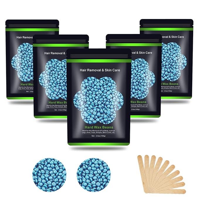 Hard Wax Beans 17.5Oz, Hair Removal Body European Brazilian Pearl Waxing Beads For Women Men Include 10 Waxing Spatulas For Bikini, Eyebrow, Face, Armpit 5 Packs