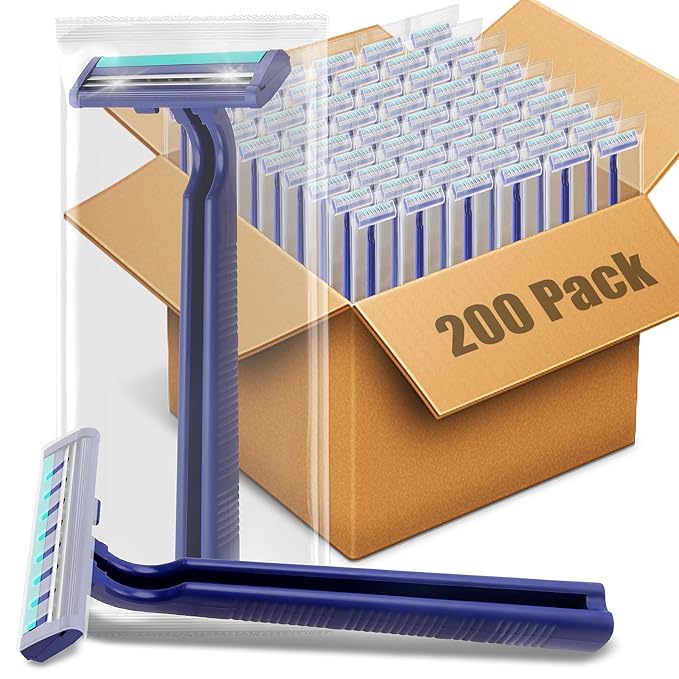 Disposable Razors Bulk for Men 200 Pack, Homeless Supplies Bulk, Twin Blade Mens Travel Supply Razor for Shaving, Safety Beard Shavers for Camping Bathing Hotel (Blue)
