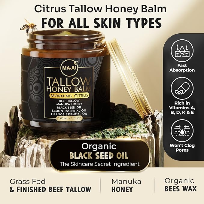 MAJU Tallow Honey Balm, Morning Citrus (2 oz), Grass Fed Beef Tallow for Skin with Organic Black Seed Oil, Manuka Honey and Organic Beeswax, Skin and Face Moisturizer for Deep Hydration