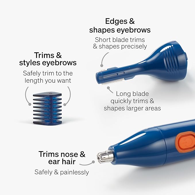 Schick Hair Trimmer, 3-in-1 Trimmer for Nose, Ear & Eyebrows, Painless Hair Removal, Cordless, Quick-Change Attachments, Waterproof, Expert Finish, Unisex Grooming