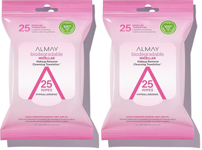 Almay Makeup Remover Cleansing Towelettes, Biodegradable Micellar Water Wipes for Sensitive Skin, Hypoallergenic, Cruelty- & Fragrance-Free, 25 Count (Pack of 2)