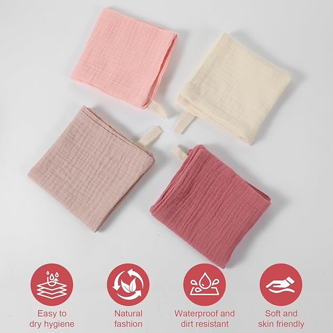 4 Pack Face Cloths Makeup Remover Cloths Soft Wash Cloths Absorbent Muslin Washcloths Breathable Reusable Facial Towels for Skin Care Daily Cleansing Travel Women Men Adults