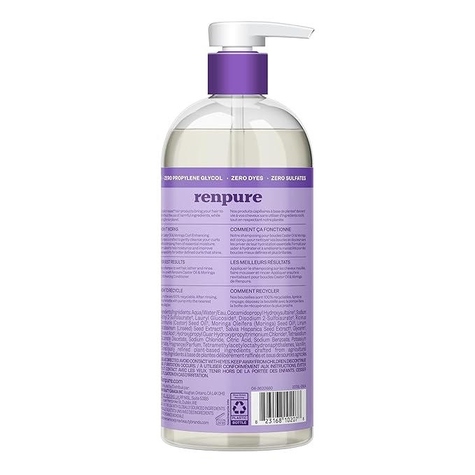 Renpure Moringa & Castor Shampoo, Plant-Based - Curl Enhancing - For Moisturized, Manageable & Smooth Curls - With Castor & Moringa Seed Oil - For Wavy To Curly Hair - 24 Fl Oz