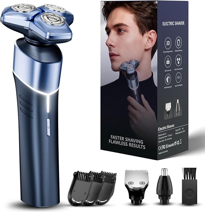 Electric Razor for Men: 3-in-1 Shaver with Hair Clipper and Nose Trimmer - 3D Floating Heads, USB-C Charging, IPX8 Waterproof - for Face, Beard, Body and Travel, Dusty Blue