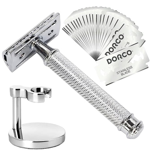 Double Edge Safety Razor Set With 20 Blades, Stand, Heavy Duty Kit for Men's Everyday Use and Smooth Close Shave (Silvery)