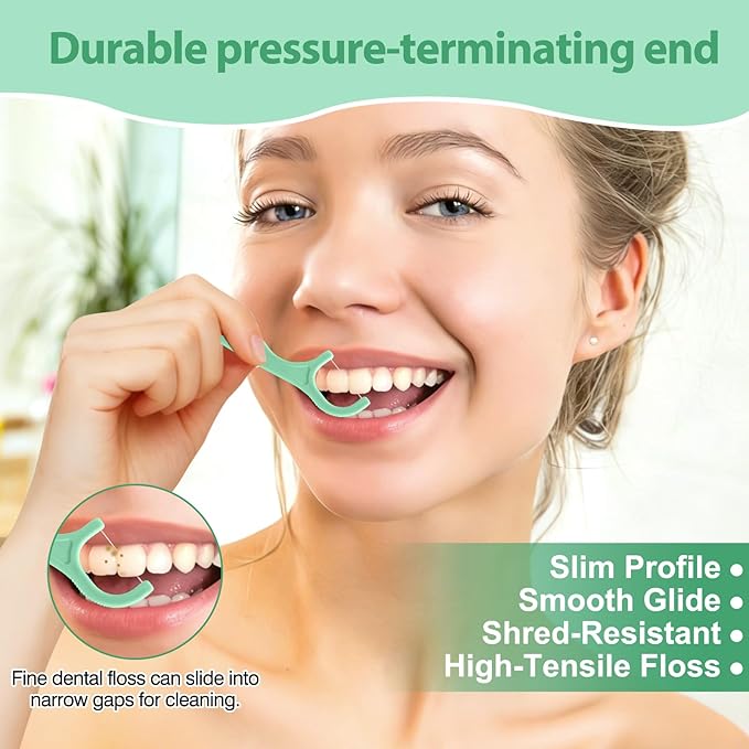 Floss Picks 200 Count Portable Dental Floss Sticks for Teeth Cleaning Dual Function Disposable Dental Floss Picks Comfortable Ergonomic Handle Tooth Picks Flossers 4 Travel Cases Green