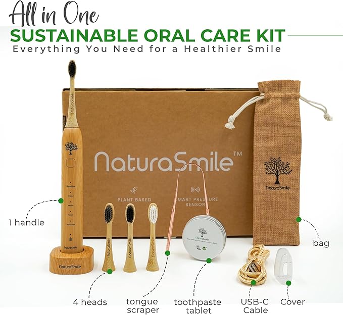 Bamboo Electric Toothbrush for Adult, Sonic Electric Tooth Brush with Pressure Sensor, 4 Biodegradable Heads, 5 Modes, 6-Weeks Battery, Tongue Scraper, Toothpaste Tablets, Travel Bag