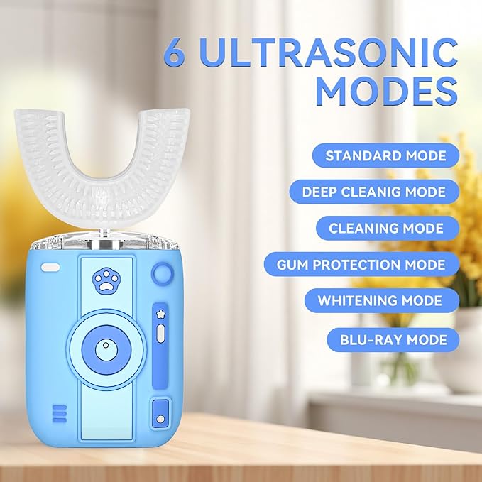 Automatic Sonic Electric Toothbrush - Adult U-Shaped Design, IPX7 Waterproof 360° Full Cleaning, Rechargeable Travel Set (Blue-Camera)