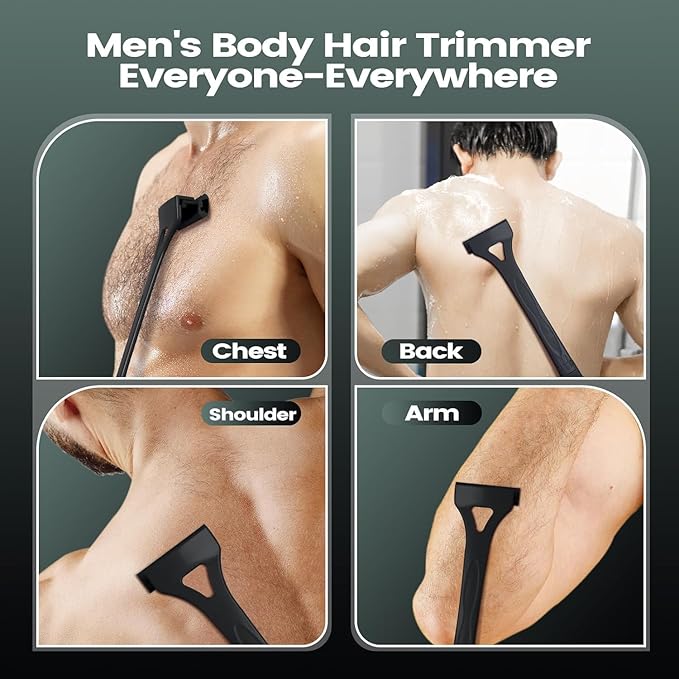 Back Shavers for Men with Foldable Long Ergonomic Handle: DIY Hair Shaver, Replaceable Safety Blade & Portable Razor Groomer for Men, Wet & Dry Shaving,Black (8PCS Blades Included)