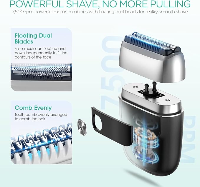 VOYOR Foil Shaver 2 in 1 Double Shavers for Men,Portable Electric Razor with Rechargeable Foil Razor Multifunction Grooming Barber Shaver IPX6 Washable Travel Shavers ER300 (Silver)