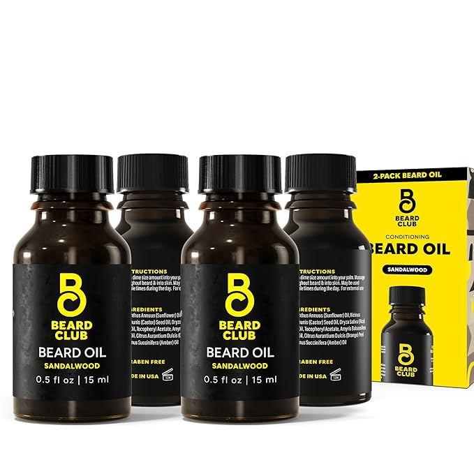 The Beard Club Premium Sandalwood Beard Oil for Men - Natural Castor & Sunflower Seed Oils - Beard & Mustache Conditioner - Hydrates, Moisturizes & Soothes Dry Skin - Strengthens Follicles (2PK)