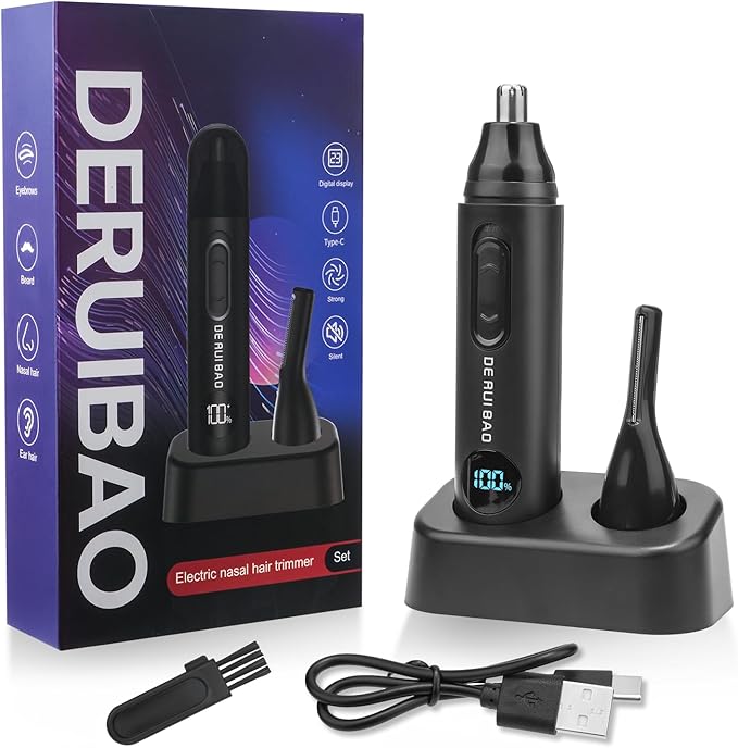 DERUIBAO 2-in-1 Professional Care Set, USB Rechargeable Nose and Ear Hair Trimmer, Beard & Eyebrow Shaver, Men's Personal Care Tool Body Hair Trimming Device Silent Trimming Digital Power Display