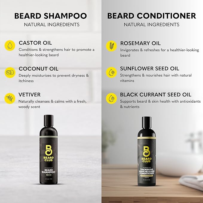 The Beard Club Beard Wash and Conditioner Set – Facial Hair Shampoo & Leave-In Conditioner for Men – Hydrating, Softener Mens Face Wash Grooming Care Gift Kit